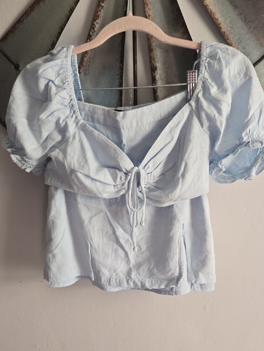 Cotton Candy Light Blue Puff-Sleeve Tie-Front Top And Skirt